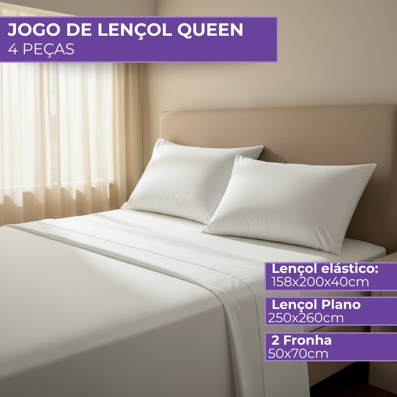 jogo lencol queen hotel 200 fios algodao 4 pecas branco 2